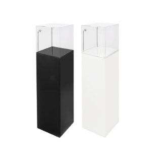 One white display plinth with clear Illuminated display case and one black display plinth with clear top LED display case.