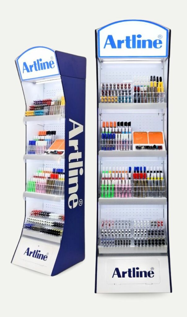 Illuminated pen Display, with Illuminated branded header for the brand Artline.