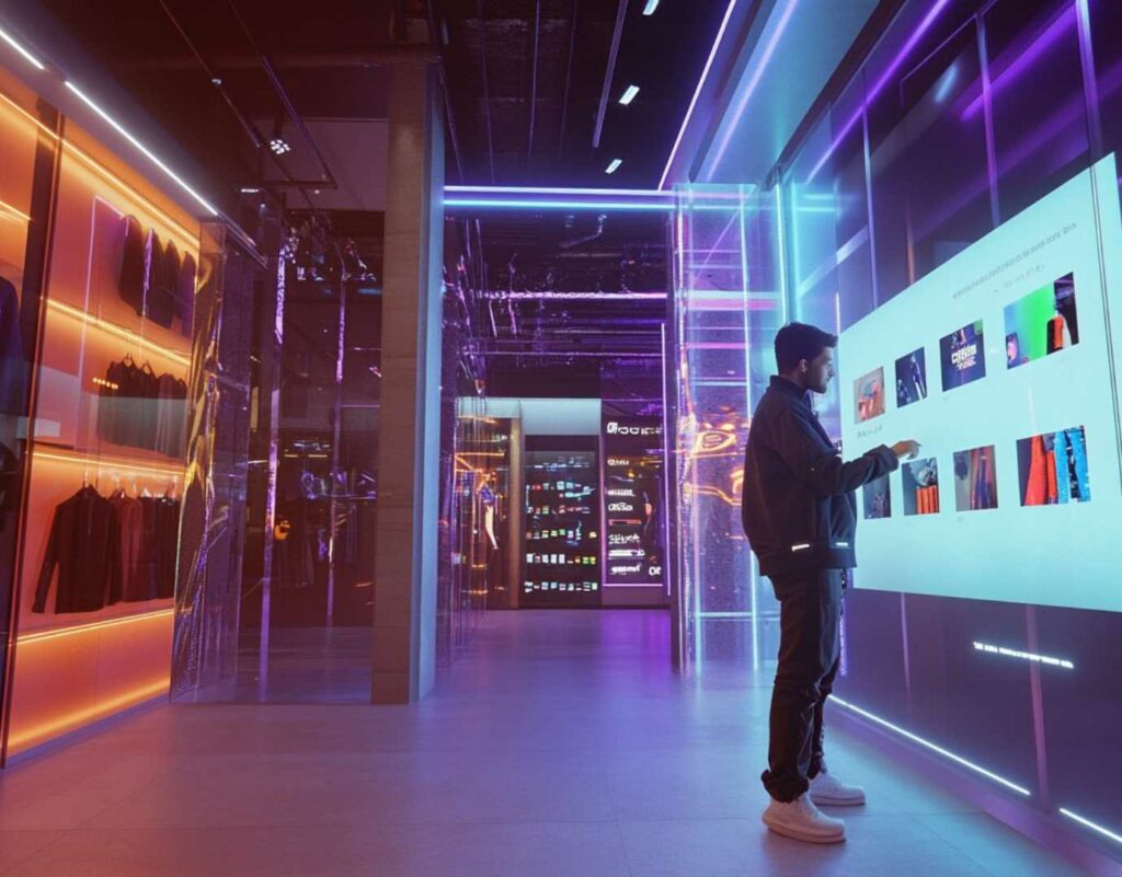 Man browsing clothes on a large digital touch screen in a shop.