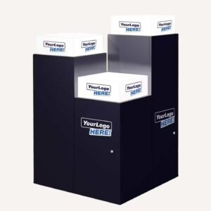 A set of three black and white illuminated topped plinths.