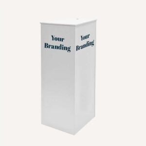 A flat pack plinth with custom branding.