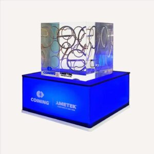 A blue illuminated, custom countertop plinth.