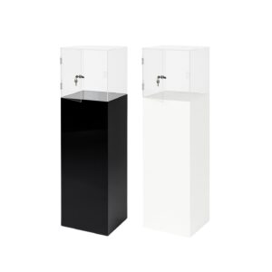 One black display case plinth with open locking door & one white display case plinth with open locking door.