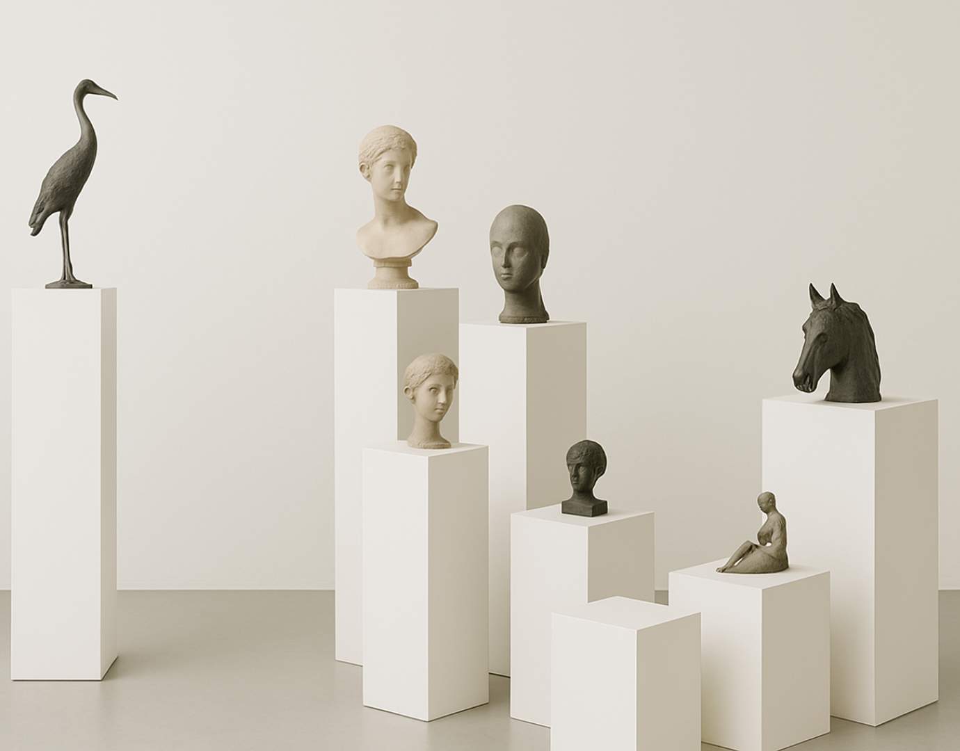 A display of different sized white plinths with sculptures on top.