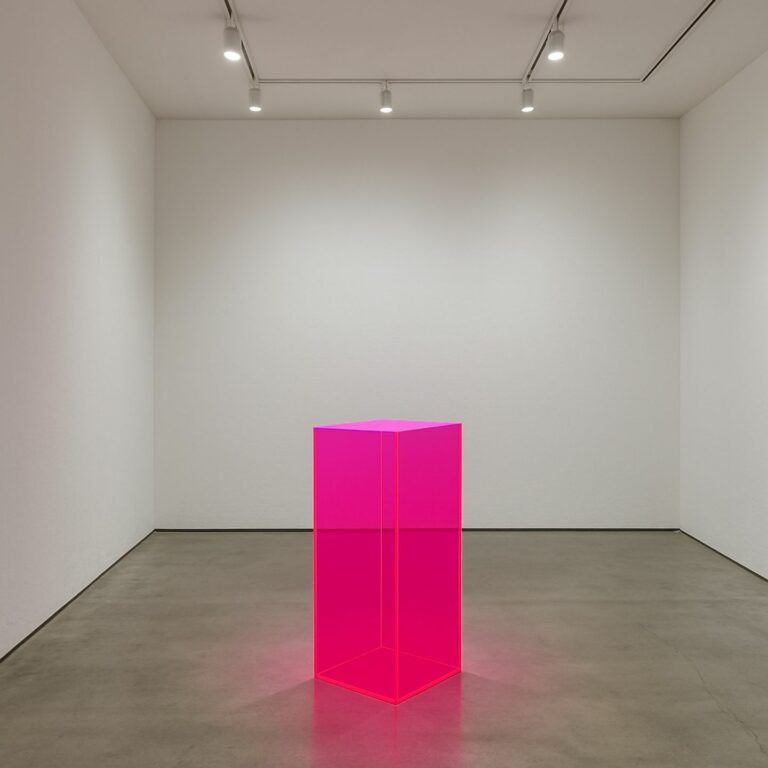 Translucent neon pink display plinth in an exhibition room.