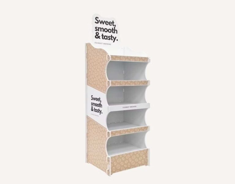 A portable shelving pos unit with custom branded header.