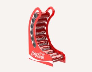 A custom countertop coca cola display stand holding cans of coca cola.