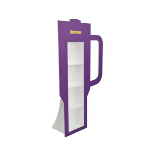 A purple retail display stand shaped like a Stanley cup with a side handle, featuring white shelving inside and the 'Handshake' branding in yellow at the top.