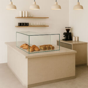 Large L-shaped glass sneeze guard on a beige café countertop displaying fresh croissants and bread loaves in a modern minimalist bakery setting.