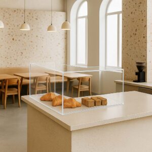 Large L-shaped acrylic sneeze guard on a beige café countertop displaying fresh croissants and bread loaves in a modern minimalist bakery setting.